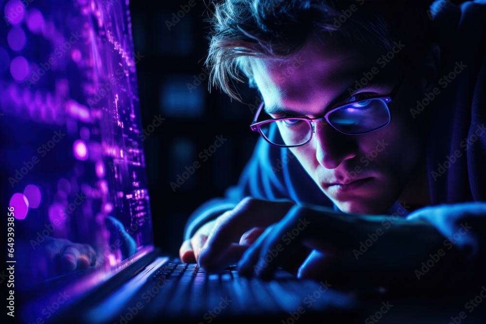 Poster a man wearing glasses is seen typing on a laptop. this image can be used to depict concepts such as 