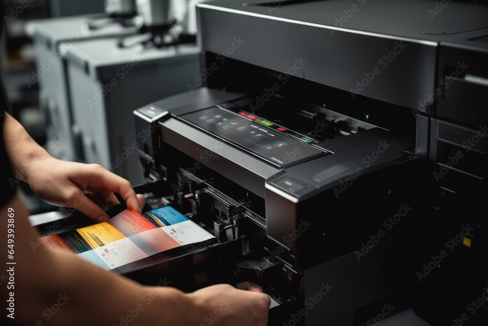 Poster A person inserting a color card into a printer. This image can be used to showcase the process of printing color cards or for illustrating printing technology in general.