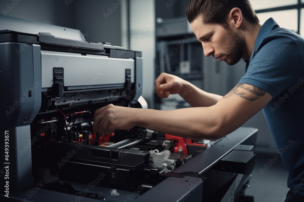 Poster A man is seen diligently working on a printer in a factory. This image can be used to illustrate the process of printing or showcase the industrial environment of a factory.
