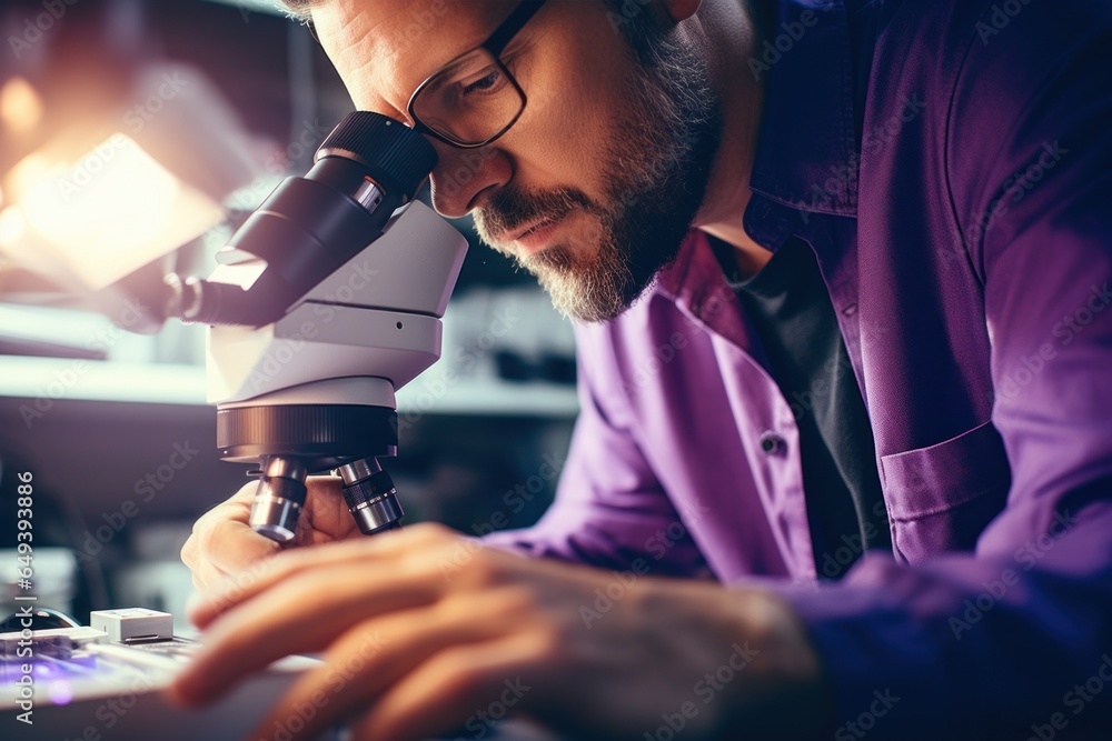 Poster a man is seen peering through a microscope at a laptop screen. this image can be used to depict scie