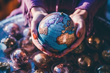 A person holding a globe in their hands. This image can be used to represent concepts such as global connectivity, international cooperation, or environmental awareness.