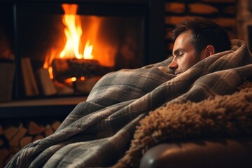 A man is seen sitting in front of a cozy fireplace, wrapped up in a warm blanket. This image can be used to portray relaxation, comfort, and warmth.