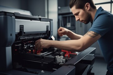 A man is seen diligently working on a printer in a factory. This image can be used to illustrate the process of printing or showcase the industrial environment of a factory.