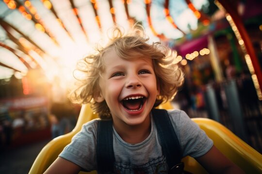 A joyful little boy can be seen laughing while riding a thrilling carnival ride. This image captures the excitement and happiness of a fun-filled day at the fair. Perfect for illustrating the joy of c
