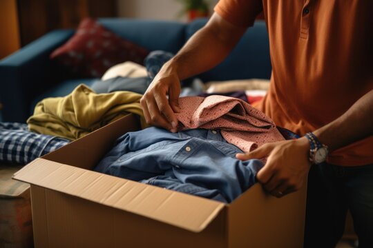A person is seen unpacking a box of clothes. This image can be used to depict moving, organizing, or shopping for clothes.