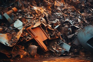 Scrap pile at recycling plant. Iron waste from industry and households. Ferrous metal. Generative AI - obrazy, fototapety, plakaty