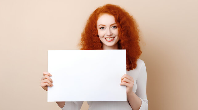 Happy Young Woman Holding Blank White Banner Sign, Beautiful White Readhead Girl Showing White Board Over Beige Wall Background