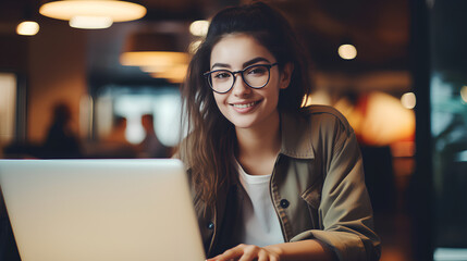 Happy young woman, smiling girl student wearing eyeglasses using laptop computer sitting on chair in university campus, coworking office or airport lounge space hybrid learning or working online - obrazy, fototapety, plakaty