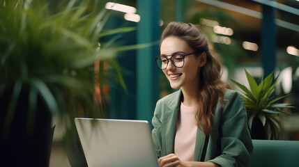Happy young woman, smiling girl student wearing eyeglasses using laptop computer sitting on chair in university campus, coworking office or airport lounge space hybrid learning or working online