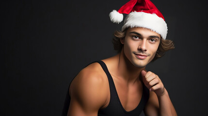 Cute Young man with a christmas hat posing. Cute adorable attractive beautiful guy posing and smiling. Copy space is available. Christmas theme, invitation card, postcard.