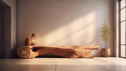 Rustic wooden bench made from tree trunk in spacious hallway. Minimalist home interior design of modern entrance hall with door. - obrazy, fototapety, plakaty