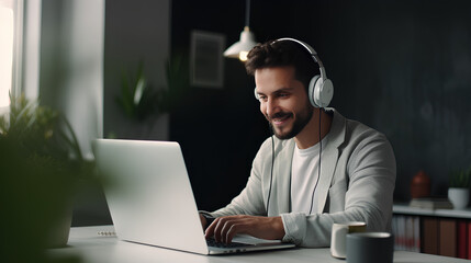 Male student wearing headphones conference video calling, watching webinar, online training class, virtual chat meeting with remote teacher or coach distance learning using computer, taking notes