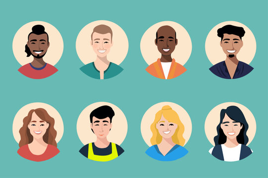 Retrato de personas trabajadoras de diferentes razas con un circulo claro detrás de la cabeza, set de retratos de personas,  vectores de personas de diferentes razas y colores.