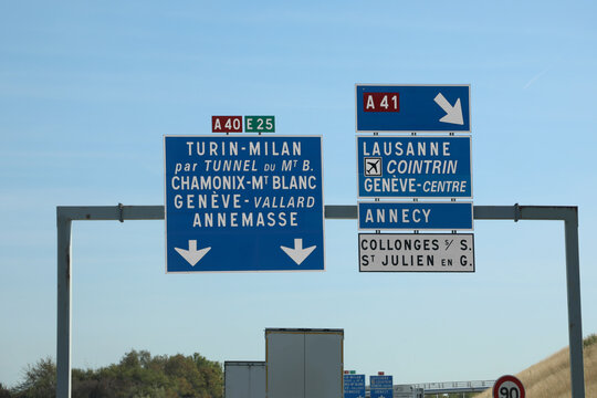 road sign on the border between Italy and France and indications for the tunnel Mont Blanc