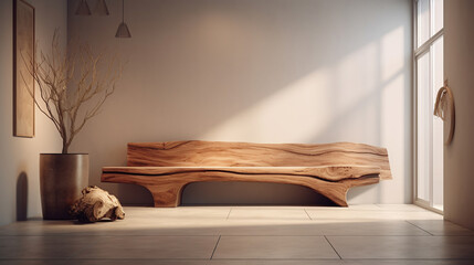Rustic wooden bench made from tree trunk in spacious hallway. Minimalist home interior design of modern entrance hall with door. - obrazy, fototapety, plakaty