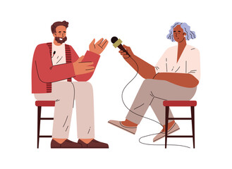 Interview process, smiling woman holding microphone, speaker man flat style
