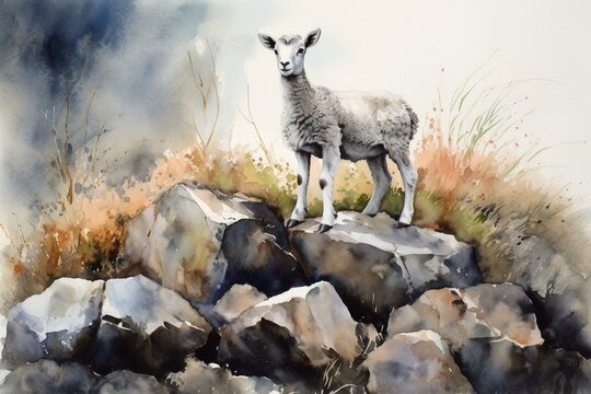 Watercolor painting of a young lamb standing on rocks in a field. Generative AI
