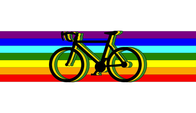 jamaica, cycling, bicycles in silhouette creating jamaica flag colors. The Rainbow Trail represents the colors and the joy of cycling through the world with the jamaic spirit. Reggae music