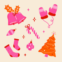 Merry Christmas sticker set with candy christmas tree christmas bell. Happy New Year sticker set with present snowflake and stocking.