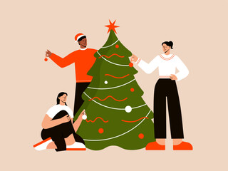 Happy families on the eve of winter holidays at home. Cheerful people decorate the Christmas tree pack Christmas gifts and make garlands together with their own hands. Vector illustration