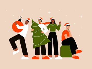 Happy families on the eve of winter holidays at home. Cheerful people decorate the Christmas tree pack Christmas gifts and make garlands together with their own hands. Vector illustration
