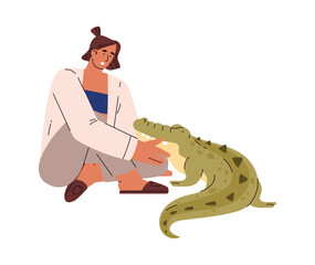 Happy woman cuddling with crocodile, flat vector illustration isolated on white background.