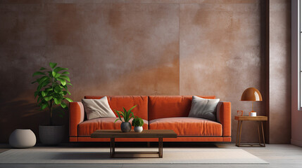 Terra cotta velvet sofa and wooden coffee table near concrete blocks paneling wall. Loft style home interior design of modern living room.