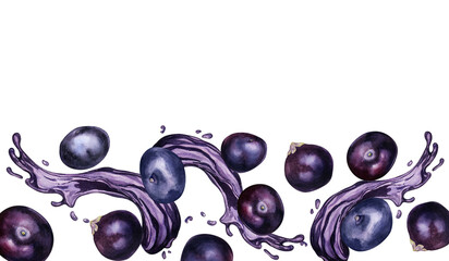 Board of acai berries and juice splash watercolor illustration isolated on white. Exotic amazon small purple berries, tropical fruit hand drawn. Design element for packaging, label, kitchen utensil