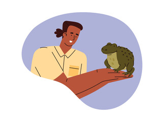 Person holds a green big frog in hands, toad is sitting on the owner's arms, vector cartoon pet reptile amphibian animal