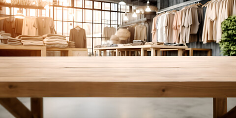 Fototapeta na wymiar Empty wooden table for product, brand or advertising. With blurred clothing store background