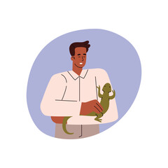 Man is looking on green guana, cartoon chameleon lizard crawls along the owner's hand, vector pet reptile exotic animal