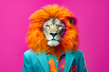 Heavy funny lion anthropomorphic bright colors - obrazy, fototapety, plakaty