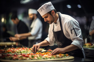 An international cuisine fair with chefs representing culinary traditions from across the globe. Generative Ai.