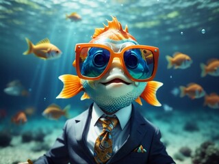Cute happy business man fish underwater