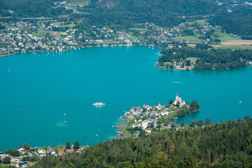 View of the Worthersee lake , Carinthia, Austria Aerial view from Pyramidenkogel view tower