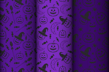 Happy Halloween! Set of seamless patterns with traditional holiday symbols: skulls, bats, pumpkins, ghosts, spiders and web. Vector collection of patterns