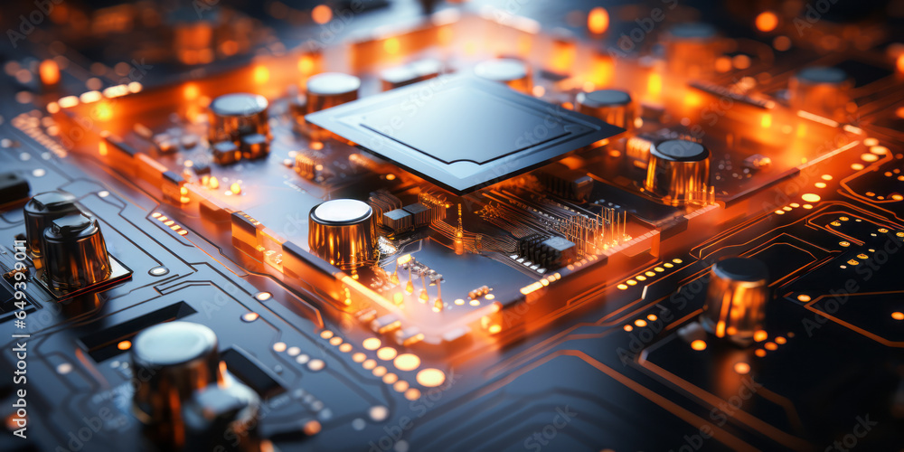Poster closeup background of motherboard. circuit cpu microchip digital. ai generative illustration