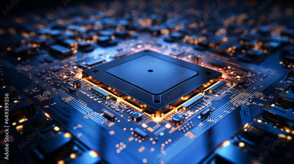 Poster closeup hardware background of motherboard. circuit cpu microchip digital processor. concept of tech