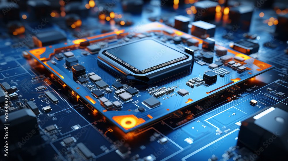 Poster closeup hardware background of motherboard. circuit cpu microchip digital processor. concept of tech