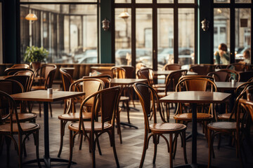 An empty cafe with chairs stacked up, showing the economic impact of reduced social interactions....
