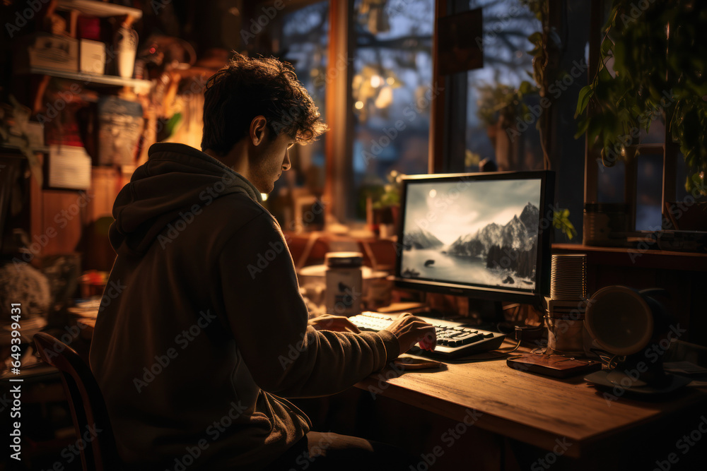 Poster a person working from home in isolation, illustrating the blurring of boundaries between work and pe