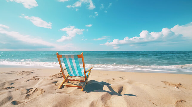 Two beach chairs on sea shore under blue clear sky. Stunning beach background, summer vacation concept.