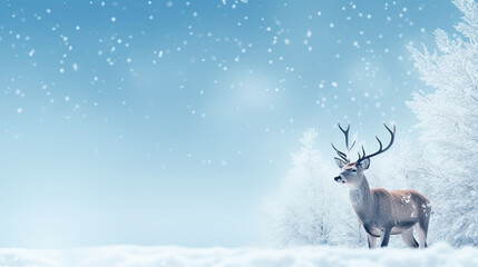 Winter fantastic postcard. Red deer in a fairy-tale snowy forest. Christmas image. Winter wonderland. Blue christmas greeting card with copy space.