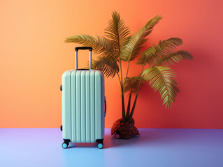 Tropic holiday concept. Blue suitcase with palm leaves on isolated orange background
