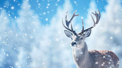 Winter fantastic postcard. Red deer in a fairy-tale snowy forest. Christmas image. Winter wonderland. Blue christmas greeting card with copy space.