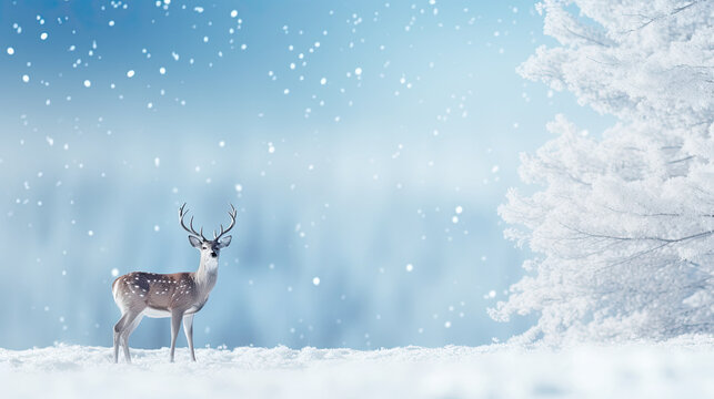 Winter fantastic postcard. Red deer in a fairy-tale snowy forest. Christmas image. Winter wonderland. Blue christmas greeting card with copy space.