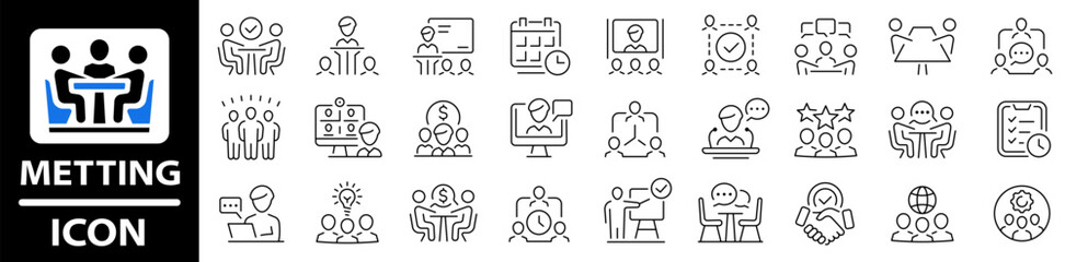 Meeting icon set. Meeting web icon set in line style. Seminar, business meeting, presentation, interview, conference, team, interview, agreement icons. Vector illustration.