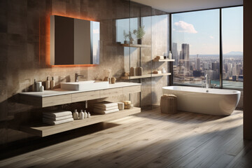Modern luxury bathroom design. Panoramic windows. You can see a beautiful view of skyscrapers from the window - obrazy, fototapety, plakaty