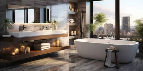 Modern luxury bathroom design. Panoramic windows,white bathtub, mirrors, towels, wooden furniture. You can see a beautiful view of skyscrapers from the window