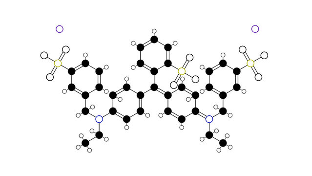 brilliant blue fcf molecule, structural chemical formula, ball-and-stick model, isolated image triarylmethane dye